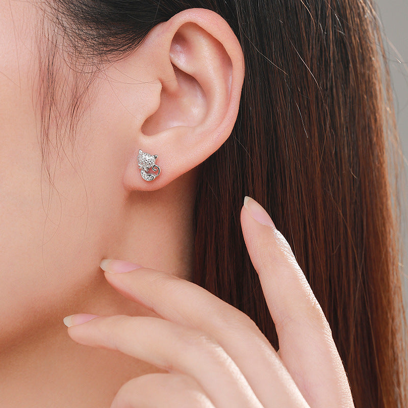 Silver Kitty Stud Earrings